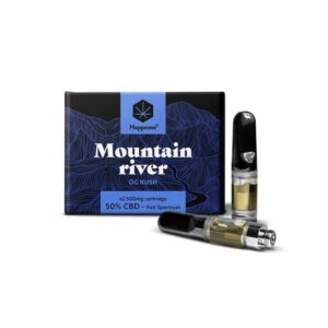 Happease Mountain River OG Kush CBD Kartusche Set mit zwei 500 mg Full Spectrum Kartuschen, 50% CBD-Gehalt, hochwertiges Vape-Produkt mit markanter blauer Verpackung und Fluss-Motiv.